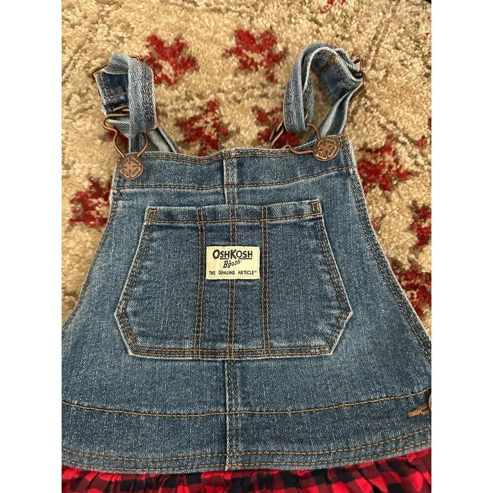 Osh Kosh B’Gosh Denim Red Gingham Plaid Overall Skirt Dress Size 2T